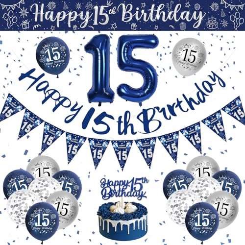 15th Birthday Decorations Boys, Blue and Silver Happy  Assorted colors 