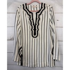 Tory Burch Striped Tunic Top Black White Embroidered V Neck Size 10
