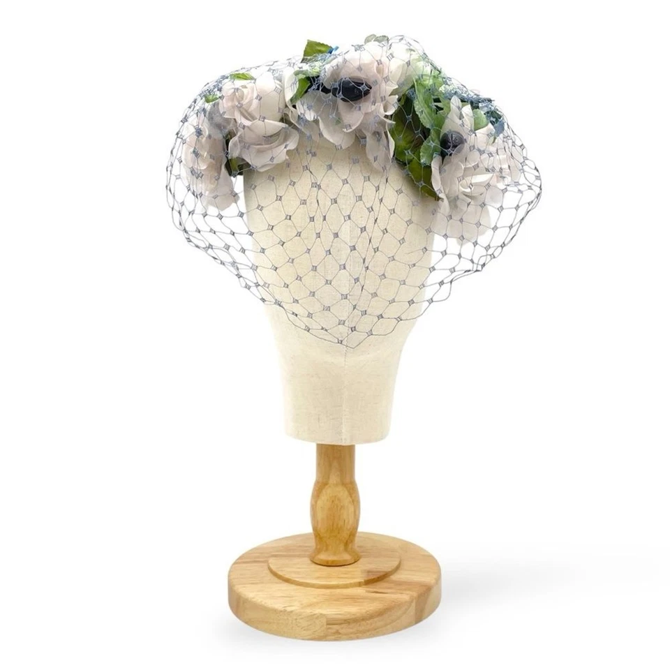 Vintage 1950s Le Cavalier Floral Hat w/ Veil White Roses Blue Accents Netting - Image 4 of 4