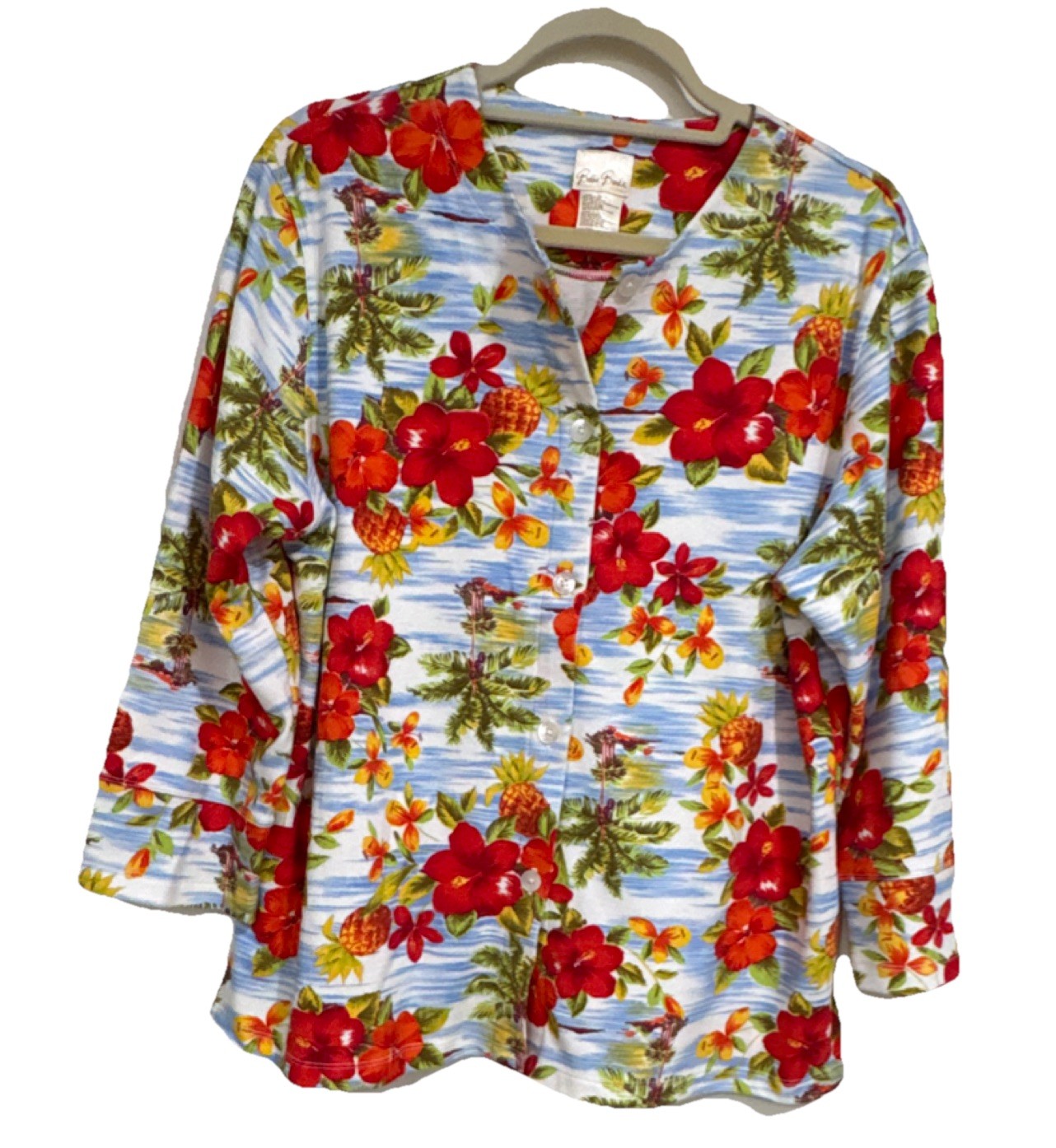 Bobbie Brooks Women’s Sz L Hawaiian Floral 3/4 Sleeve Lightweight Cardigan 5939