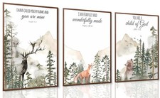 3pcs Forest Animals Bible Verse Wall Art Misty Forest Deer Bear Fox Paintings...