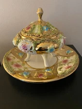 Antique Bowl With Lid & Saucer Multi Color Gold Raised Porcelain - hand painted