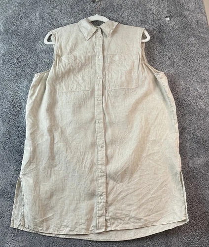 H&M Women Small Linen Top Button Up  Small Tan Light Sleeveless Tunic Shirt