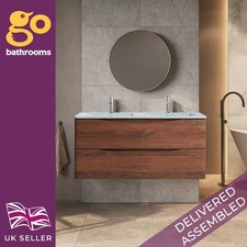 1200 Wall Hung Wooden Vanity Unit & White Glass Basin Red Wood 2 Drawer Storage