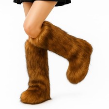 Faux Fur Fuzzy Leg Warmers Furry Boot Cuff Fur Fluffy Shoes Cover Brown Long