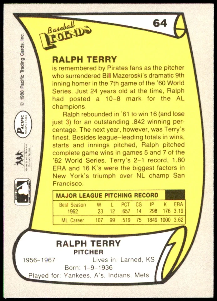 Ralph Terry 1988 Pacific Legends I #64 Indians MLB READ FREE SHIP AutographDen - Image 2 of 2