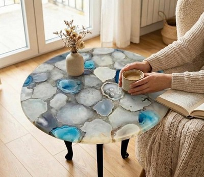 Handmade White & Blue Quartz Table Top: Mosaic Crystal Inlay Coffee Table