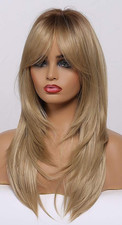 Ash Blonde w/ Side Bangs Long Straight Layered 20in Women Premium Wig