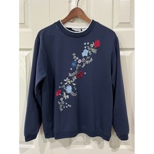 Vintage 90s Blair Blue Floral Embroidered Sweatshirt Size L