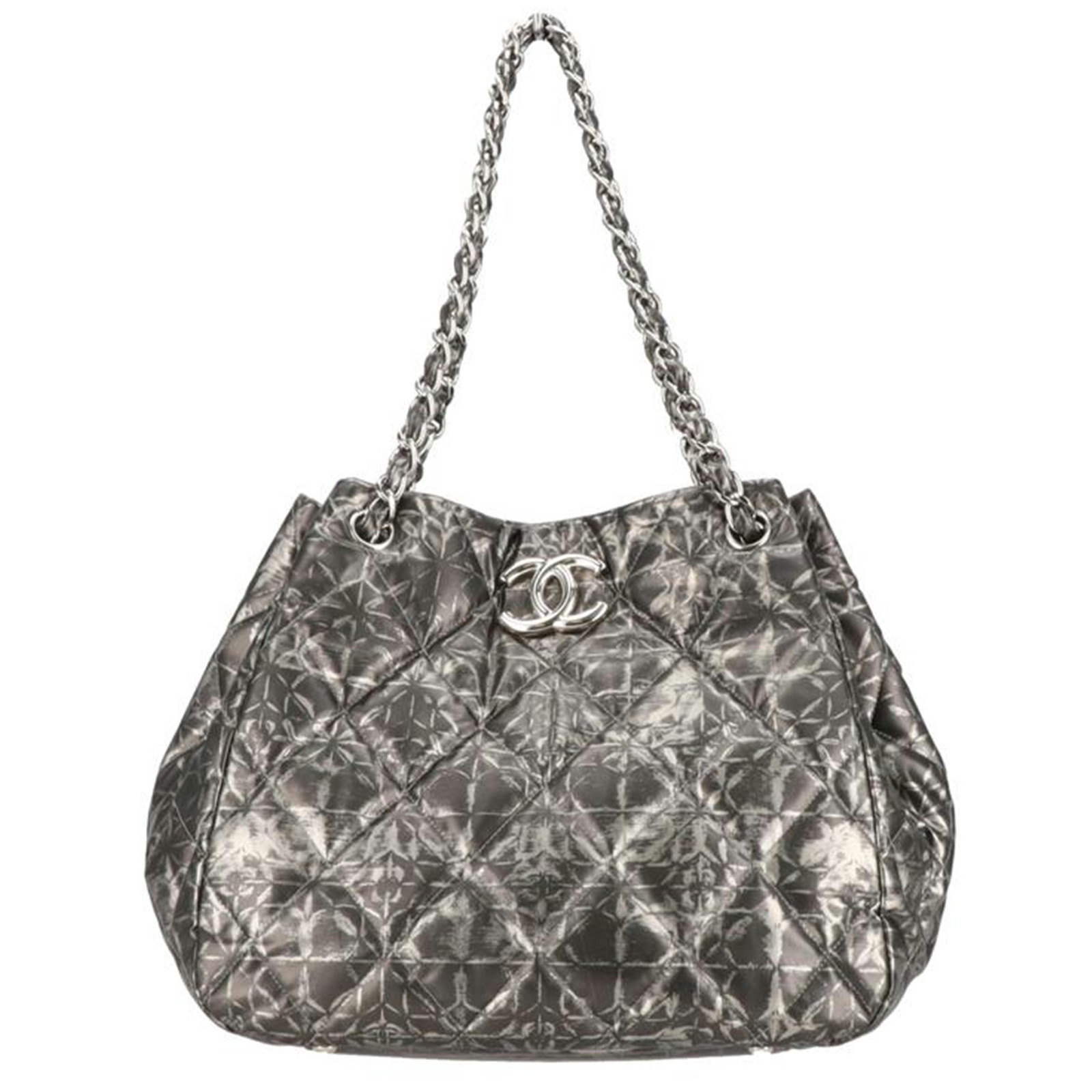 CHANEL Black Nylon Tote Bag with Chain Shoulder Strap 130 AB Rank 06