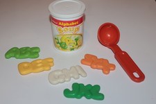 Vintage 1987 Fisher-Price Alphabet Soup Can fun with food set Made In USA
