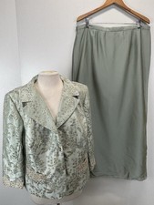 Vtg Cachet 2 Pc Jacket Long Skirt Set Green Beaded Church Formal Bridal L/XL