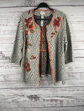 Chicos Jacket Size XL White Embroidered Floral Open Front Kimono Boho Cardigan
