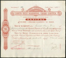 South Africa: South West Diamonds (1920) Limited, 5/- shares, 1923