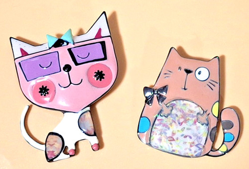 2 Enamel Cat Pins Pin Fun Whimsical Silly Cat Pins