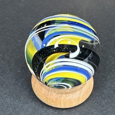 Contemporary Handmade Art Glass Marble 1.57" Blue Yellow White Sparkle Swirl MIB