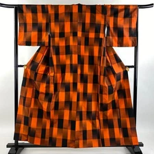 JAPANESE KIMONO TSUMUGI ORANGE 157.5cm 5 ft 2 in PURE SILK AA3099