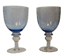 Blue Goblet Wine Glasses, Bubbles on Glasses, Set of 2, 1 Charm of Grapes