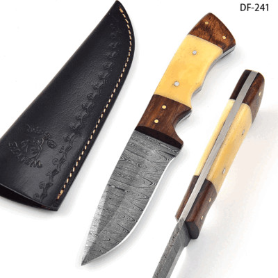 White Deer Custom Made Damascus Skiner Knife Bone And Cocobolo Wood Handle