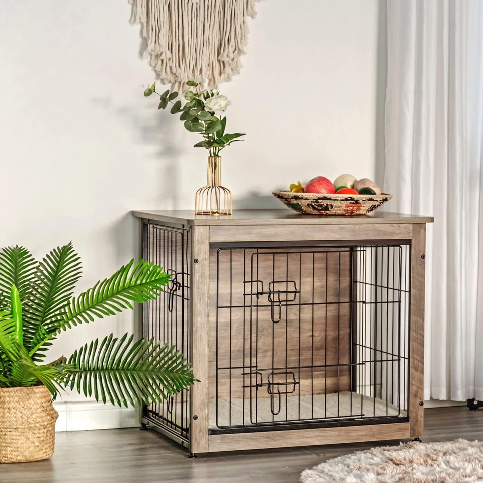 Dog Crate Furniture with Cushion, Wooden Dog Crate with Double Doors eBay