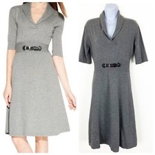 CALVIN KLEIN Grey Sweater Dress Shawl Collar Buckle Waist Size Medium Career