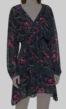 $548 AllSaints Women's Black Red Floral V-Neck Long Sleeve Smocked Shift Dress L