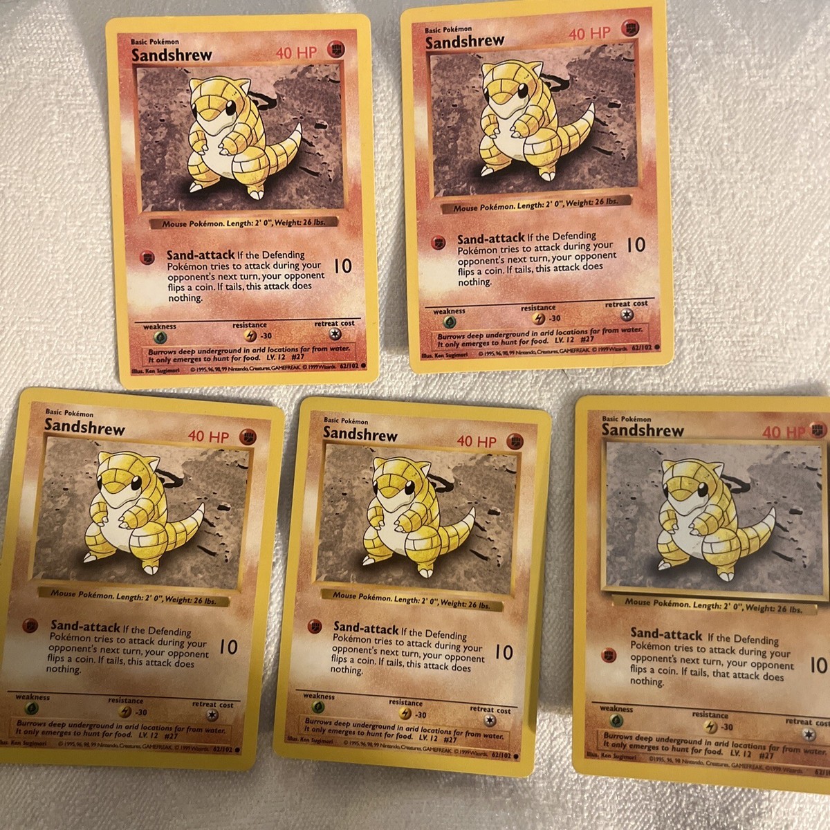 Set Of 5 Sandshrew Pokemon Cards, 4 Shadowless, Base Set, Unlimited, Near  Mint