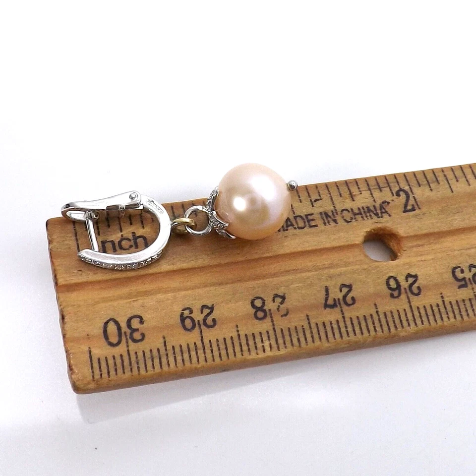 Pendientes colgantes de oro blanco sólido de 18k con diamantes y perlas de melocotón Italia 750 Foto 4 de 4