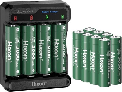 Fast Charging 1.5V Lithium AA Batteries - 12-Pack with 1500 Cycles & USB Charger