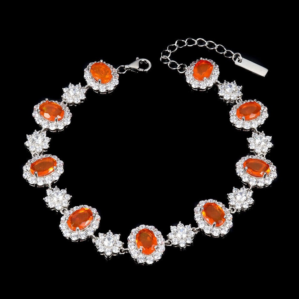 Silver Bracelet Orange Fire Opal Genuine Mined Gems Sterling 6 1/2 to 7 3/4 Inch