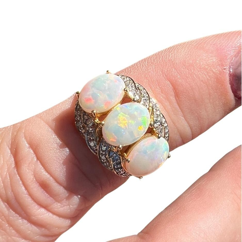 Classic Opal Trilogy Ring with Diamonds in 14k Ye… - image 3