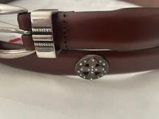 Brown Leather Belt With White Rhinestone Cross Conchos 28, 30, 32, 44, 46