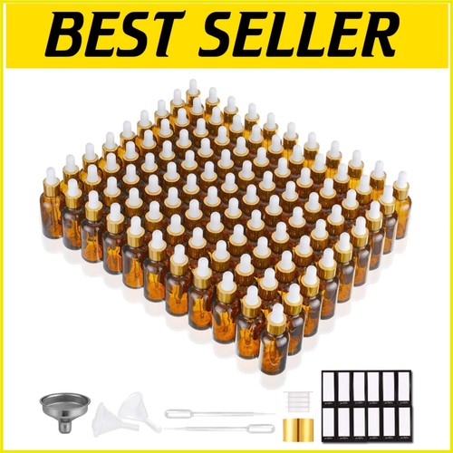 99-Pack Amber Glass Dropper Bottles 1 oz 30ml with Golden Caps and Accessories