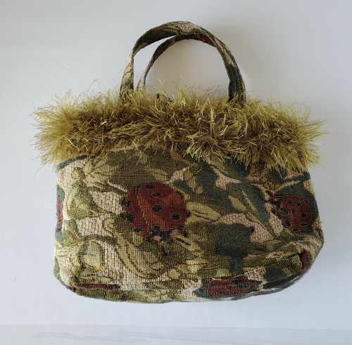 Boho Floral Ladybug Tapestry Fabric Metallic Fringe Purse Satchel Handbag - Picture 4 of 11