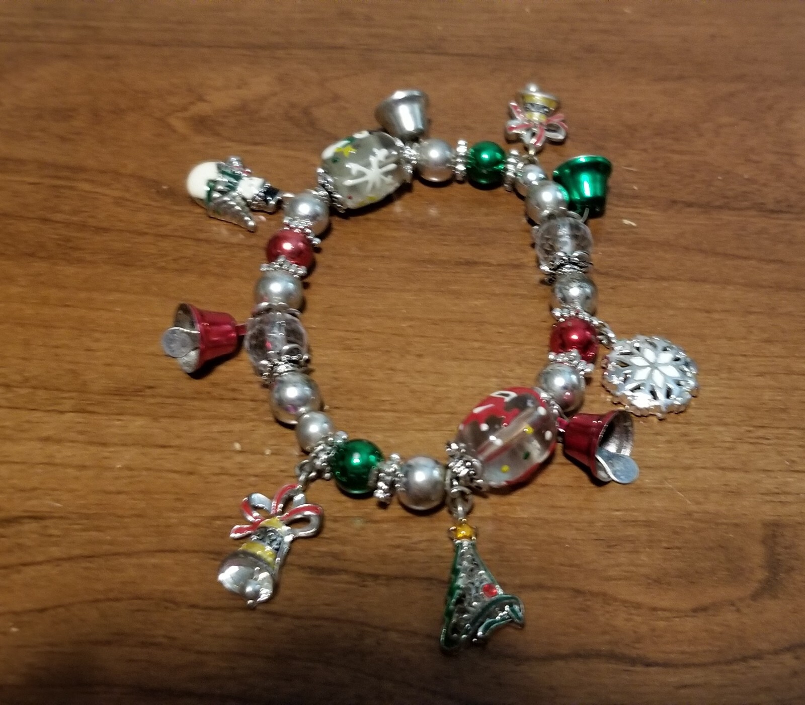 Christmas Stretch Bracelet with Glass and Metal Beads, Bells & Painted