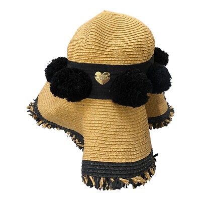 Betsey Johnson Pom Pom Floppy Straw Beach Hat Goldtone Heart  display picture 1