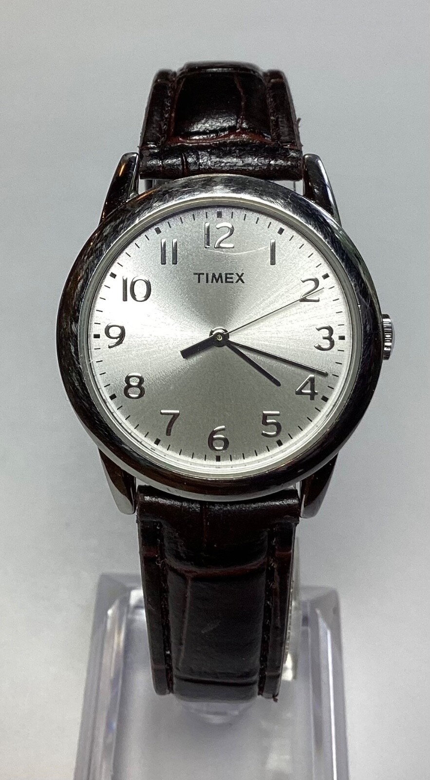 Timex Womens Watch Silver Tone Silver Face Brown Croc Band New Battery