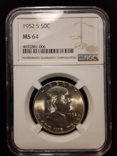 1952-S Silver Benjamin Franklin Half Dollar US Coin - Graded MS-64 NGC