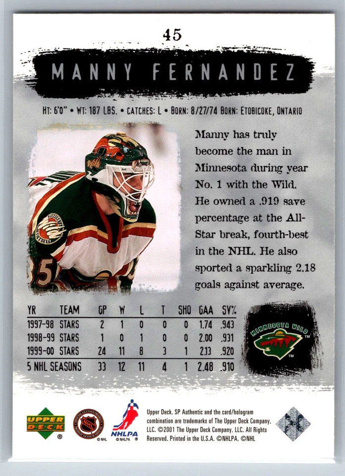 2000-01 Upper Deck SP Authentic Manny Fernandez Minnesota Wild #45 - Image 2 of 2