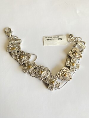 Brighton HEARTS CROSSING 2 Tone Cross Heart Retired Bracelet NWT and Tin Box
