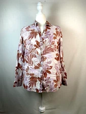 Tahari 100% Linen Lavender Brown Botanical Print Long Sleeve Blouse Sz Medium