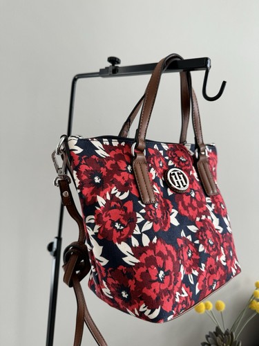 NWT TOMMY HILFIGER Small Floral Print Canvas Shopper Tote Crossbody Bag - Picture 2 of 6