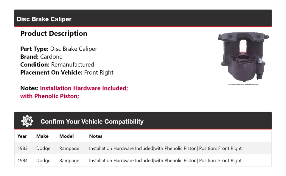 Pinza de freno de disco delantera derecha Cardone para Dodge Rampage 1983-1984 Foto 2 de 4