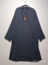Women Shirt Dress L Black Striped Intricate Embroidery Long Sleeves Button Front