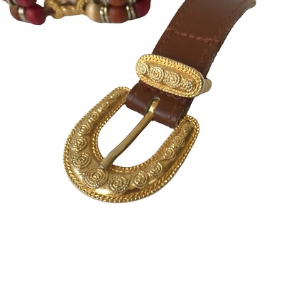 Express Women Brown Belt Size M Wood Beads Buckle Genuine  display picture 3