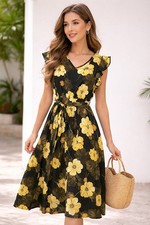 SHEIN Floral A-Line Dress Black Yellow Ruffle Belted V-Neck Sleeveless Midi XL