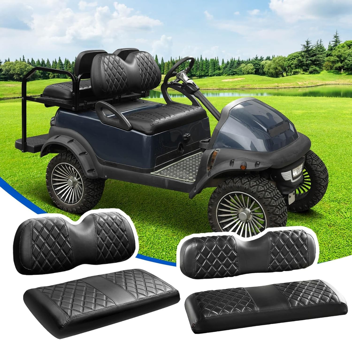 NOKINS 4PCS Golf Cart Seat Covers Kit, Front and Rear Seat Covers Fits Club Car