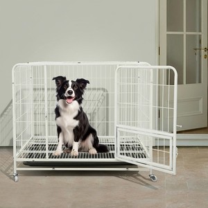 Crate de chien blanc avec/Tray, Cate de chien w/4 Roues,Cage de chien métallique pour l'intérieur 30kg chiens