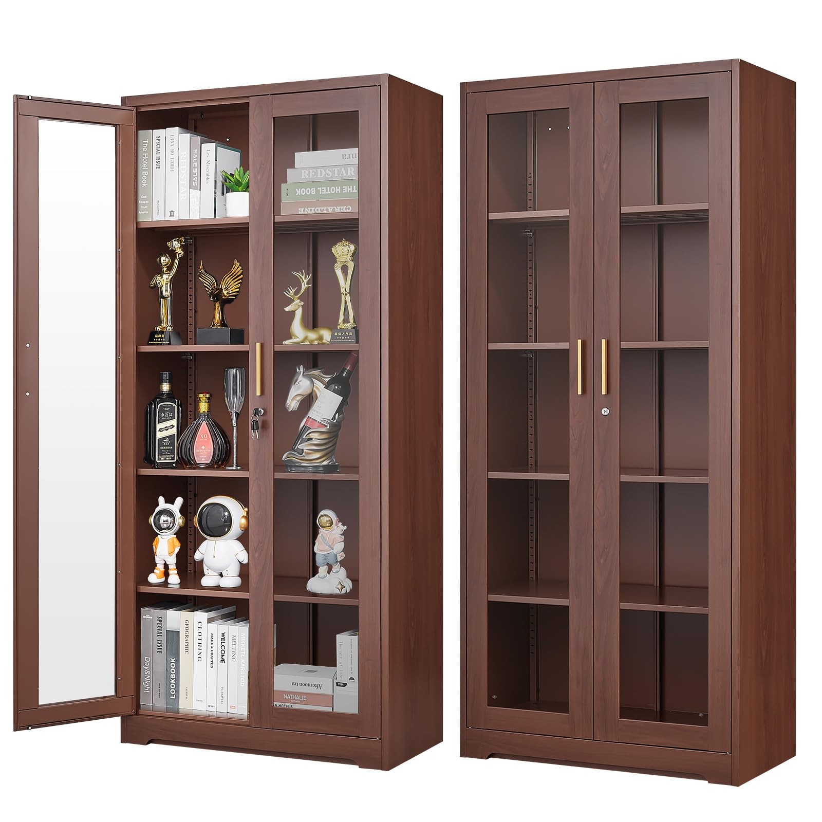 Glass Display Cabinet 71" Tall with Locking Glass Doors Wood Color