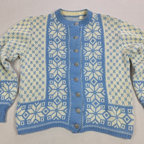 Vintage Nordic Fair Isle Sweater Cardigan M/L Blue Cream Snowflake Knit Buttons - Picture 2 of 23